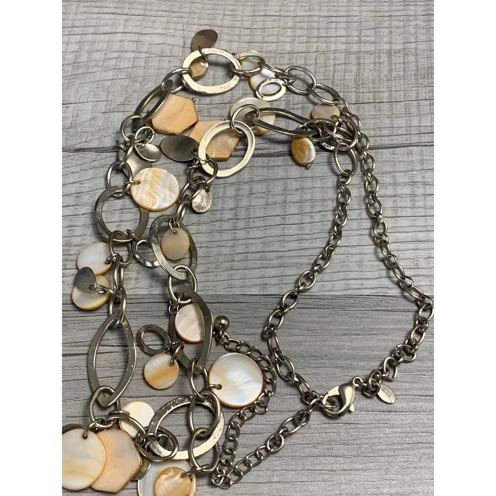 Chicos Silver Tone Mother of Pearl Shell Station Long Necklace 32 Inch 4502